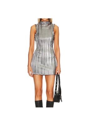 superdown Metallic Silver Sleeveless Ribbed Mini Dress